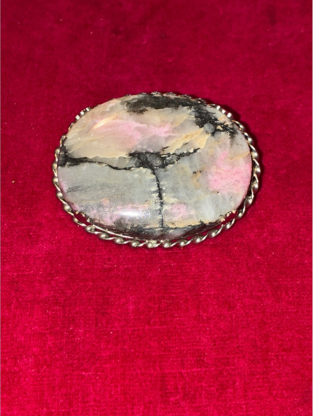 Vintage Natural Rhodonite Cabochon Brooch Pin - Pink & Black Scenic Stone